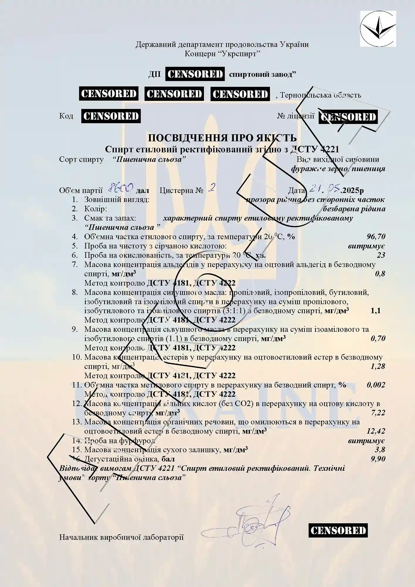Посвідчення якості етилового харчового спирту Пшенична сльоза при його експорті
